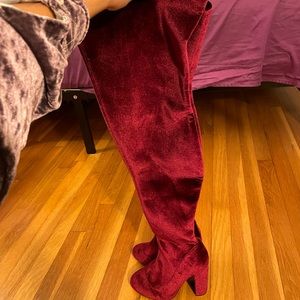 Dark red velvet over the knee boots